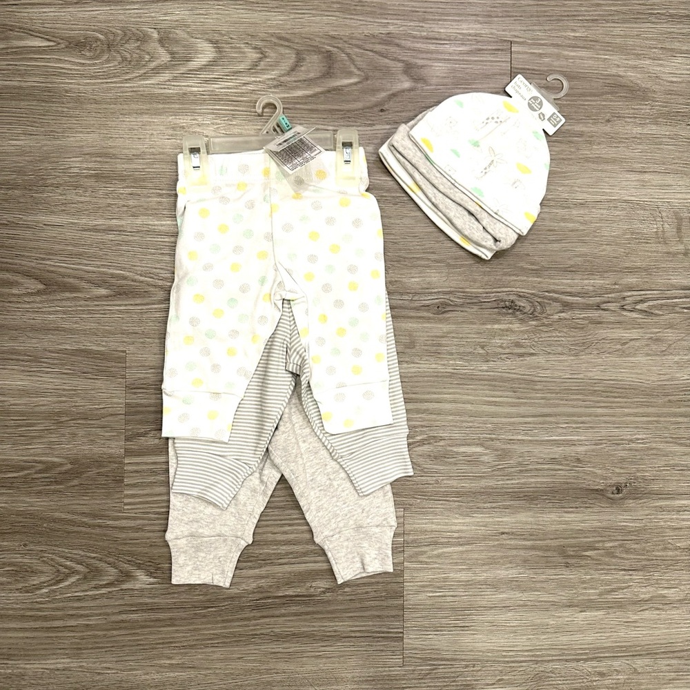 3 Pair Infant Pants and Baby Hats  Gray Polka Dot and Stripe Pattern NWT